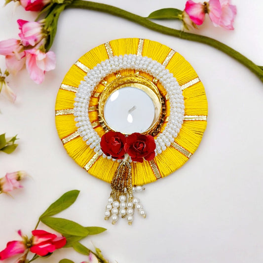 Beautiful Round Candle Holder With Pearl & Flower (4.3 Inch) (TL0029)