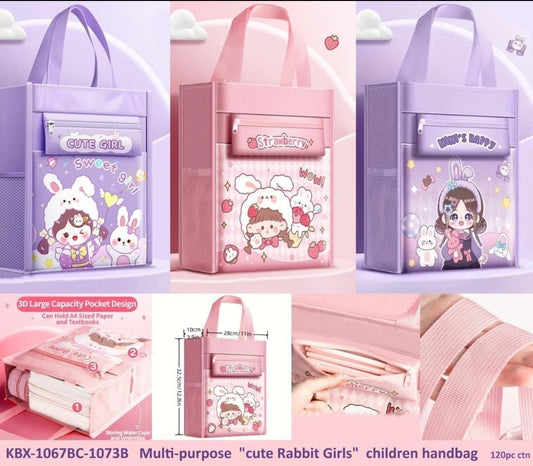 Ranjkri Print Delight Handbag/Tutor Bag for Children, Test Paper Book Storage Bag Kids Handmade Art Supplies Bags Thick Waterproof Portable Storage Bag for Girls (Strawberry Girl Pink Pouch Bag)