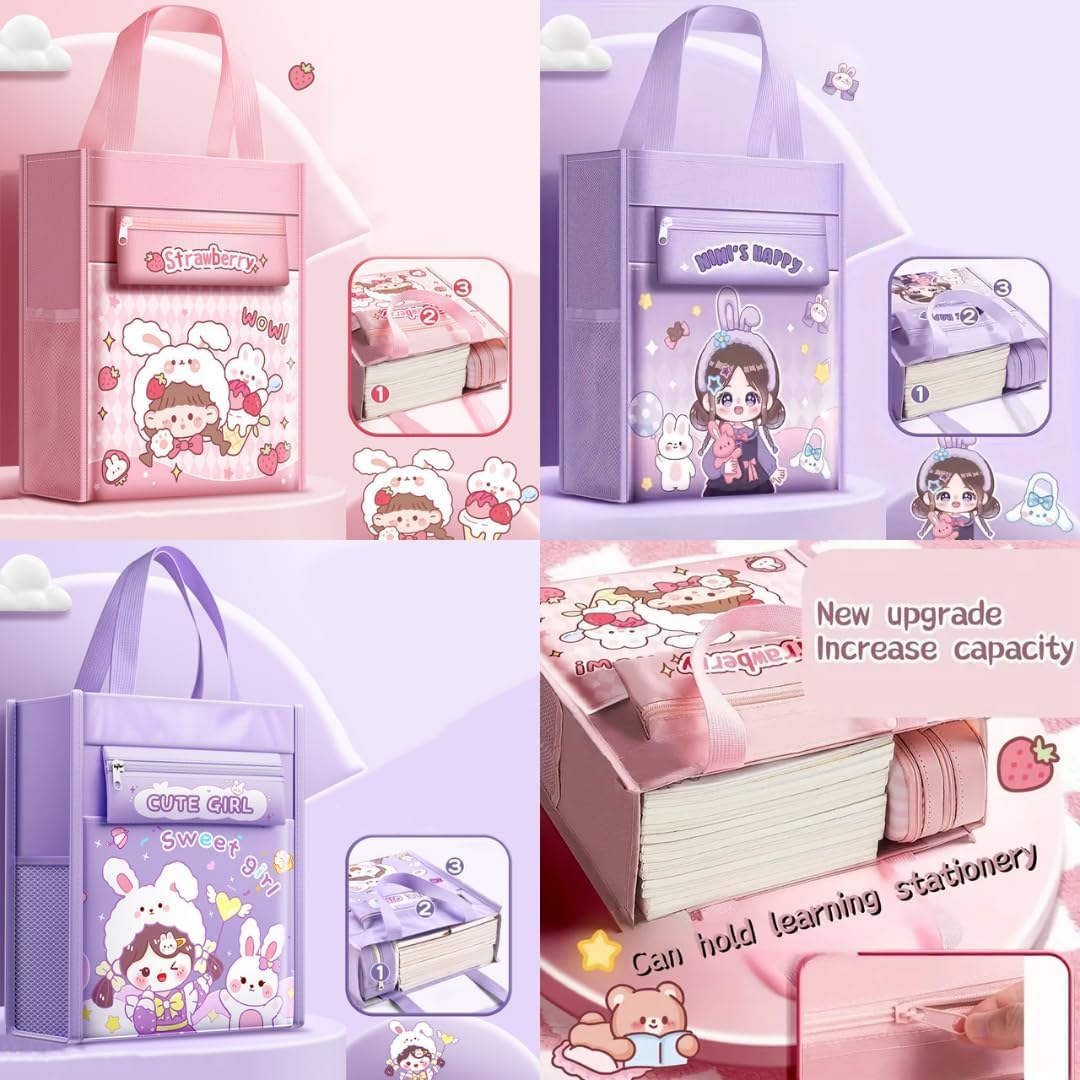 Ranjkri Print Delight Handbag/Tutor Bag for Children, Test Paper Book Storage Bag Kids Handmade Art Supplies Bags Thick Waterproof Portable Storage Bag for Girls (Strawberry Girl Pink Pouch Bag)