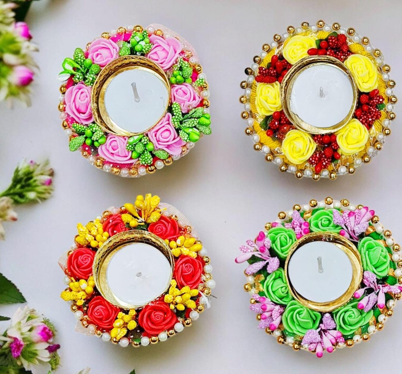 Beautiful Flowers Pearls Design Candle Holder (TL0030)