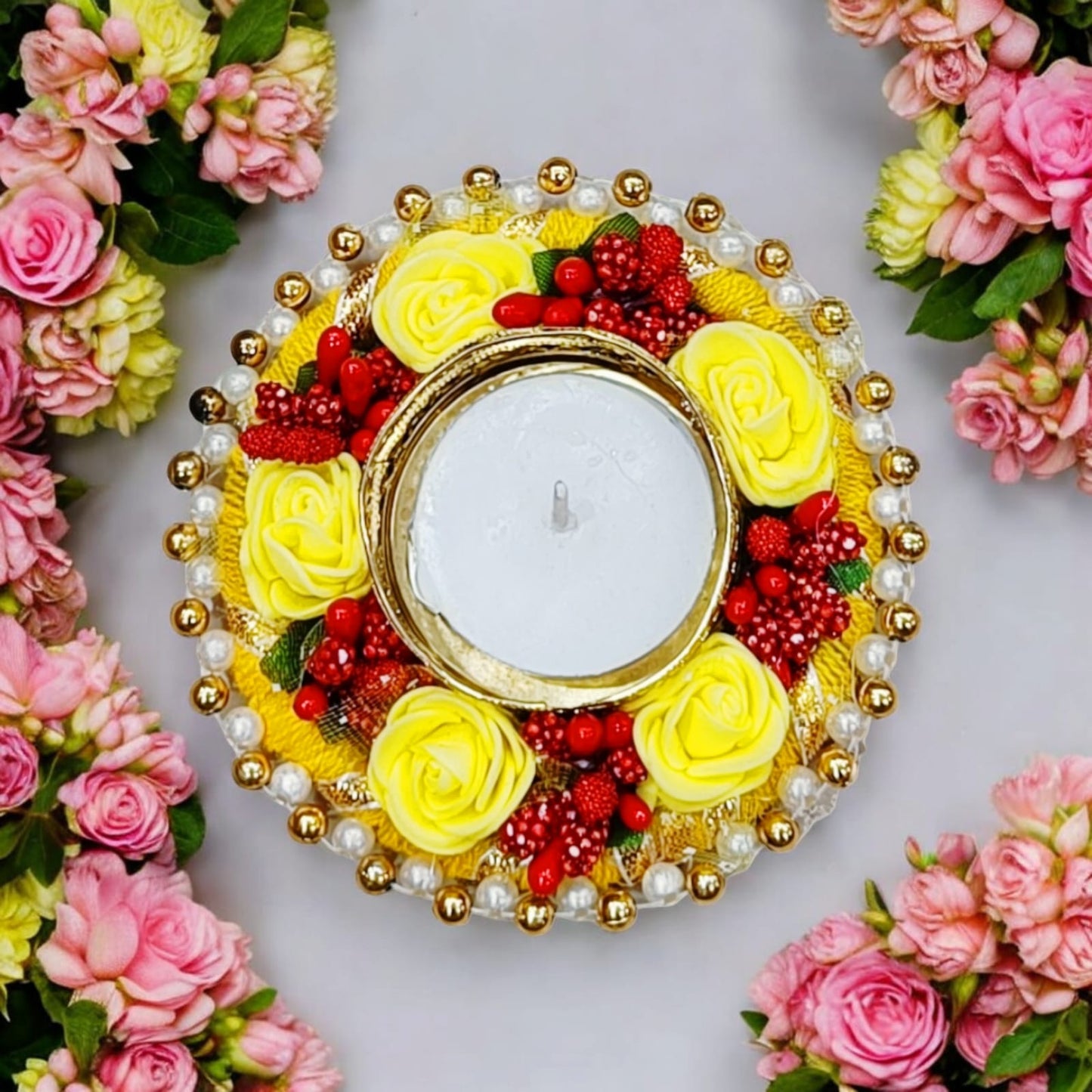 Beautiful Flowers Pearls Design Candle Holder (TL0030)