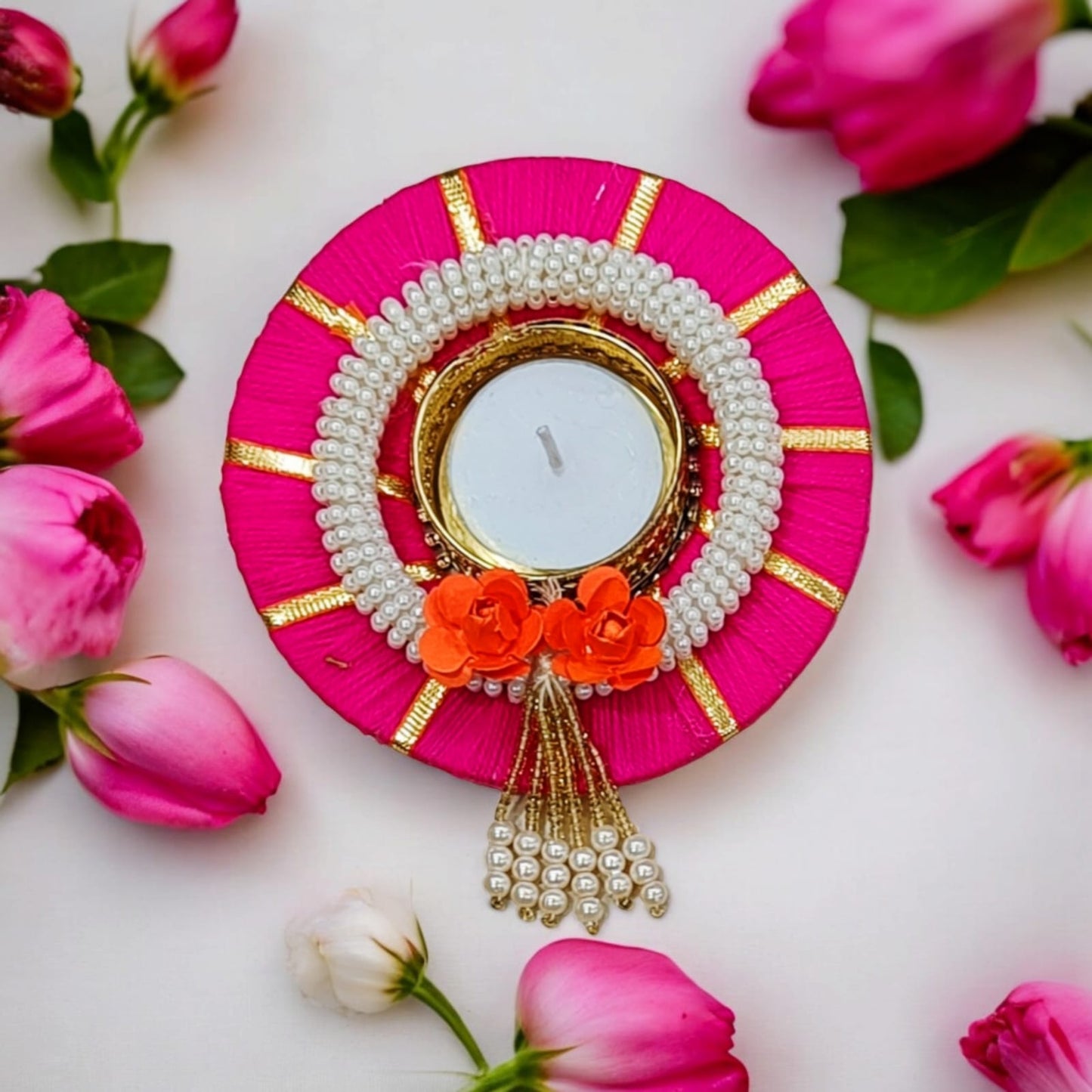 Beautiful Round Candle Holder With Pearl & Flower (4.3 Inch) (TL0029)