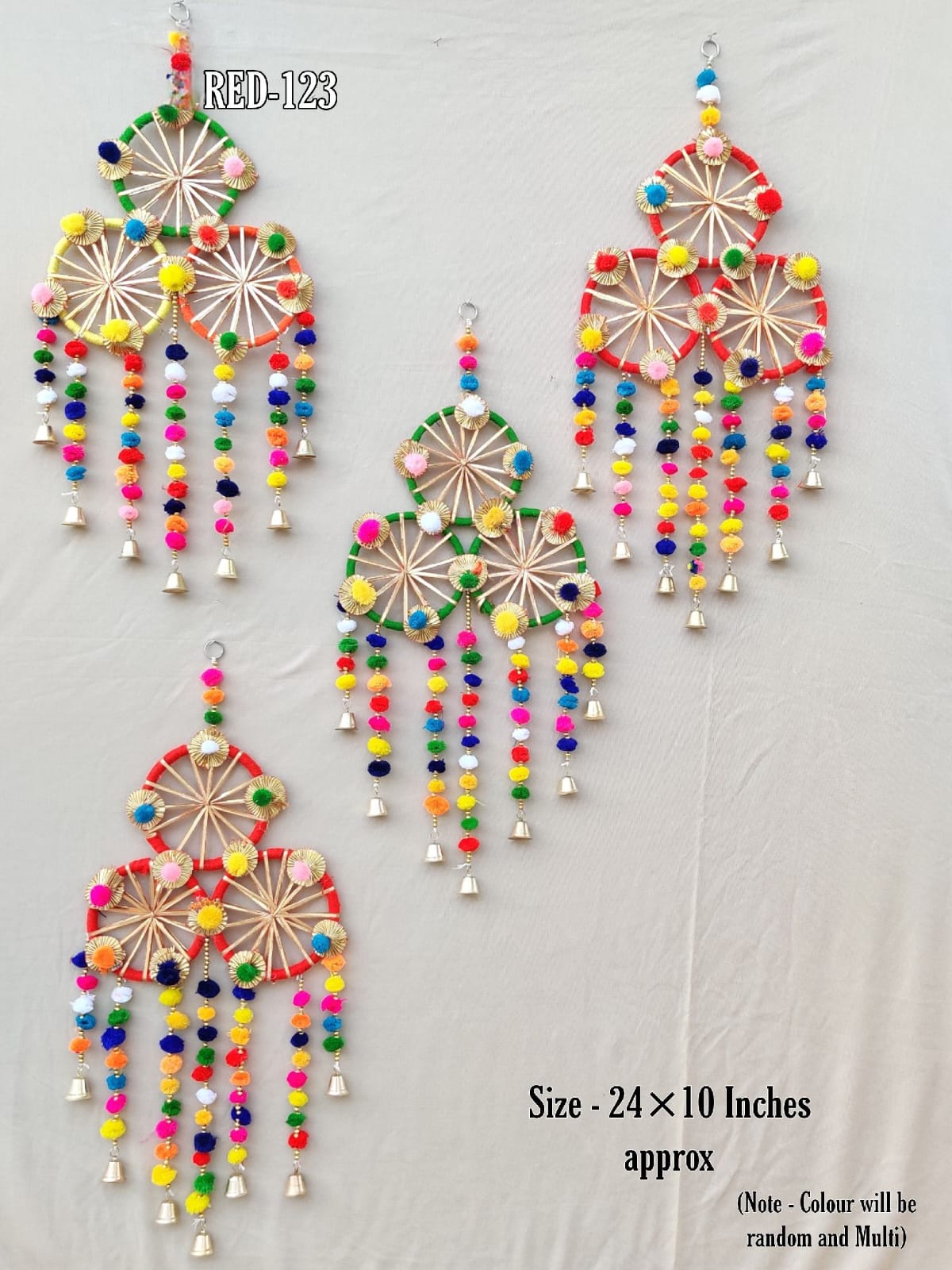 Multicolour Pom Pom & Bell Hanging For Decoration (Size: 24*10 Inch) (WH0003)