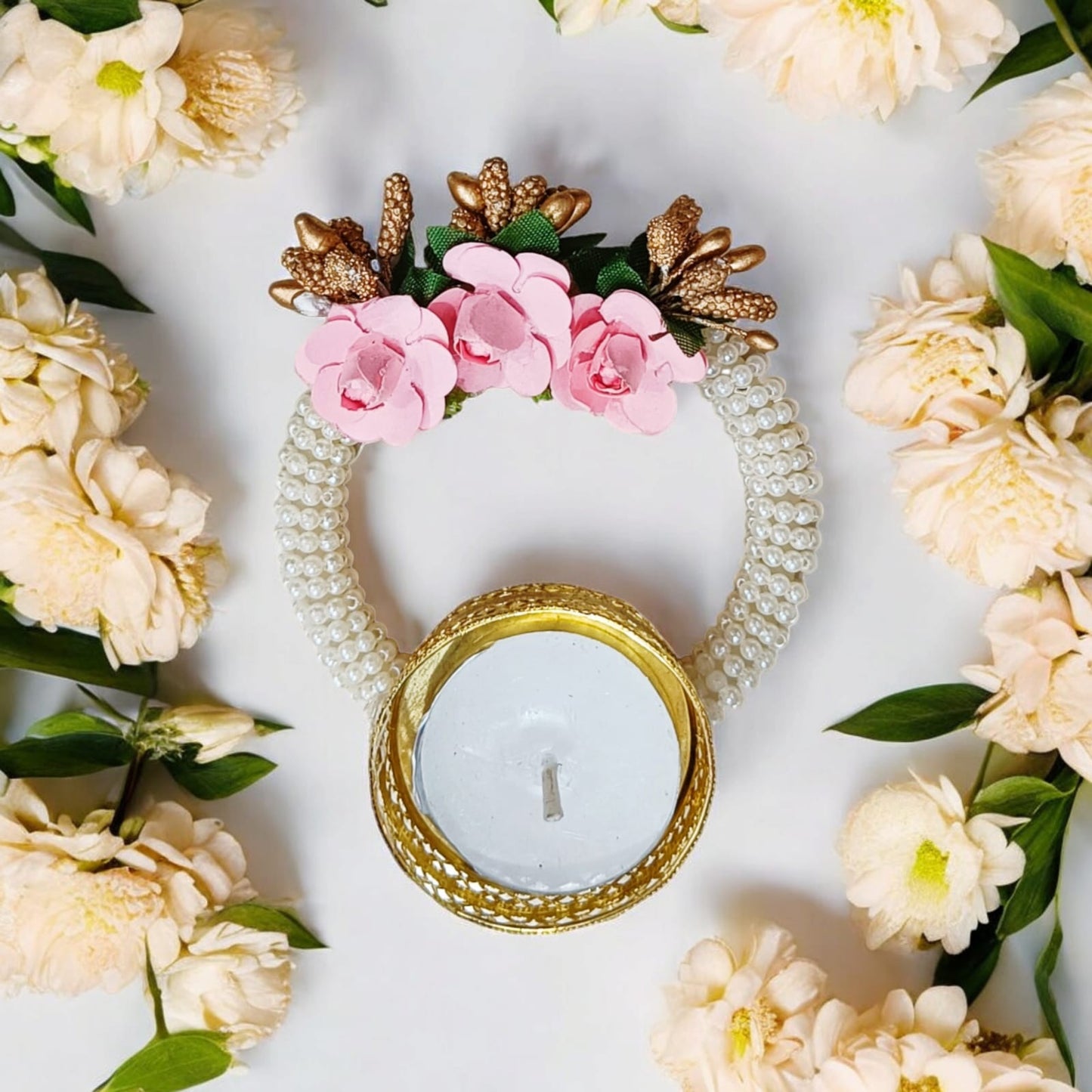 Pearl & Flower Design Candle Holder (Size: 4 Inch) (TL0031)